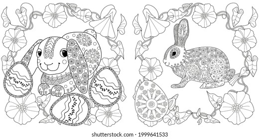 Easter egg hunt in flowers. Little bunny collecting painted eggs 
among flowers, a black and white vector illustration for a coloring book. Art therapy coloring page.