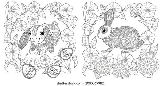 Easter egg hunt in flowers. Little bunny collecting painted eggs 
among flowers, a black and white vector illustration for a coloring book. Art therapy coloring page.