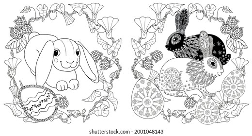 Easter egg hunt in flowers. Little bunny collecting painted eggs 
among flowers, a black and white vector illustration for a coloring book. Art therapy coloring page.