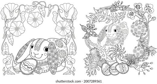 Easter egg hunt in flowers. Little bunny collecting painted eggs 
among flowers, a black and white vector illustration for a coloring book. Art therapy coloring page.