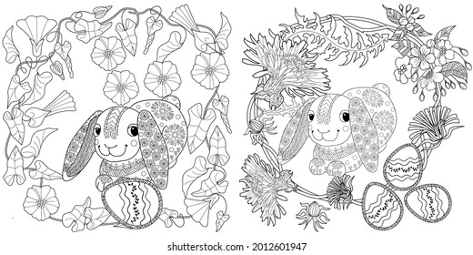 Easter egg hunt in flowers. Little bunny collecting painted eggs among flowers, a black and white vector illustration for a coloring book. Art therapy coloring page.