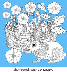 Easter egg hunt in flowers. Little bunny collecting painted eggs among flowers, a black and white vector illustration for a coloring book. Art therapy coloring page.
