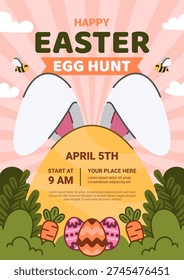Easter Egg Hunt Flyer Design with Giant Bunny Ears and Eggs with Sunrise Background. Vector Illustration