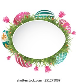 Easter egg hunt frame with grass and tulips EPS 10 vector royalty free stock illustration for greeting card, ad, promotion, poster, flier, blog, article