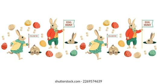 Easter egg hunt game funny seamless vector pattern border. Cute rabbit bunny path, Easter eggs cartoon minimal design. Festive family, children fun event invitation flyer frame background illustration