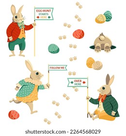 Easter Egg Hunt Game for Kids Icon Vector Set. Rabbit feet path, bunny standing, running, sitting, bunny butt in hole cartoon illustration. Easter Egg scavenger joy fun hunt tradition design element