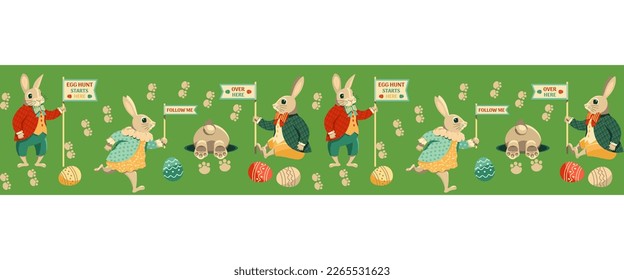 Easter egg hunt game seamless vector pattern border. Cute rabbits, bunny path, Easter eggs cartoon design element. Festive family, children fun event invitation flyer frame, background illustration