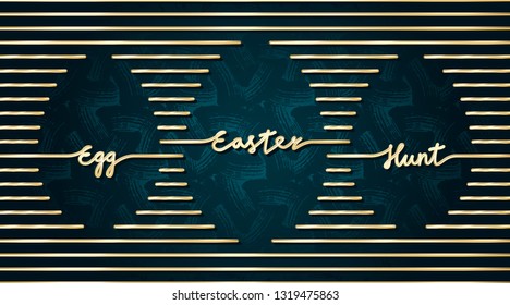 Easter Egg Hunt Glossy Gold Style Logo Lettering and Blank Eggs Shapes Horizontal Composition Made with Repeating Lines - Golden on Turquoise Decorative Plaster Background - Vector Hand Drawn Design