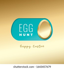 Easter Egg Hunt Glossy Gold On Off Egg Shape Toggle Switch Button Style Logo with Greetings Lettering Creative Concept - Turquoise on Golden Background - Vector Gradient Graphic Design