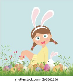 Easter egg hunt in the grass. lllustration of Kid on an Easter Egg Hunt. Vector