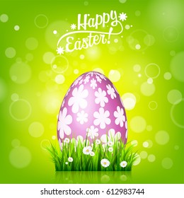 Easter egg hunt. Green background. April holidays. Flowers and grass. Abstract banner, card. Spring time. Celebration.