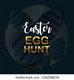 Easter Egg Hunt greeting banner with a gold lettering. Paper cut Layered Eggs. Geometric Luxury holiday symbol for fashion, shopping sale banners, voucher, add, e-mail letter. Vector Illustration