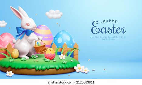 Easter egg hunt greeting card. 3d Illustration of bunny collecting Easter eggs with hatched chick on the grassland on blue background