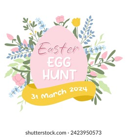 Easter egg hunt handdrawn banner with pink egg and colourful spring flowers. Vector illustration.