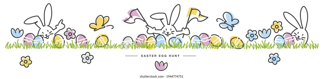 Easter egg hunt handwritten art line design of cute smiling Easter bunnies with flag and eggs in grass great for Easter Card, banner, wallpapers