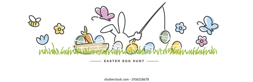 Easter egg hunt handwritten bunny fisherman, eggs, flowers, grass, butterflies, carrot, egg basket and bee on white isolated background drawing in line design