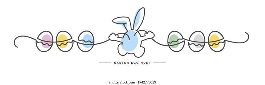 Caza de huevos de Pascua Feliz tarjeta de saludo de Pascua con huevos coloridos y conejito sobre fondo blanco aislado dibujo en línea
