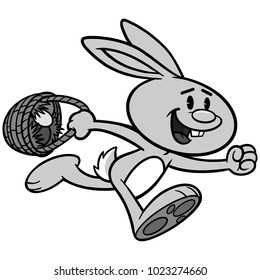 Easter Egg Hunt Illustration - A vector cartoon illustration of a Easter Rabbit running with a Basket of eggs.