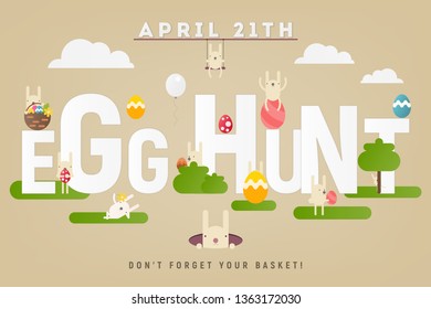 Easter Egg Hunt Invitation Banner. Easter Eggs and Cartoon Bunny on Retro Background. Spring Greeting Card or Poster. Vector Illustration For Holiday Flyers Design. 
