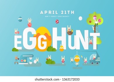 Easter Egg Hunt Invitation Banner. Easter Eggs and Cartoon Cute Bunny on Blue Background. Spring Greeting Card or Poster. Vector Illustration For Holiday Flyers Design.