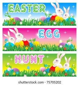 Easter Egg Hunt invitation, card or poster with bunnies, eggs, fresh green grass, flowers