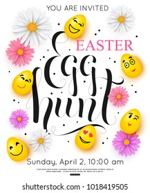 Easter Egg Hunt Invitation with colorful spring chamomile. Vector illustration