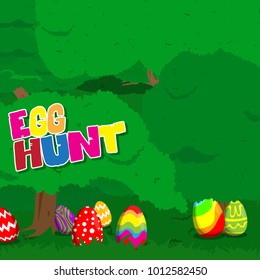 Easter egg hunt invitation with dyed eggs in a green forest. Vector cartoon character illustration.