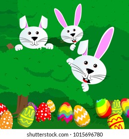 Easter egg hunt invitation with dyed eggs and rabbits with green trees and bushes. Vector cartoon character illustration.