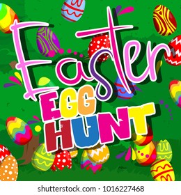 Easter egg hunt invitation with dyed eggs and against green tree background. Vector cartoon character illustration.