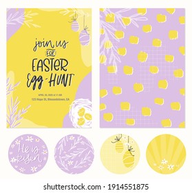 Easter egg hunt invitation, flyer template, abstract background and gift tag set for baby or kid party decoration with egg silhouette and spot background. Vector hand drawn graphic.