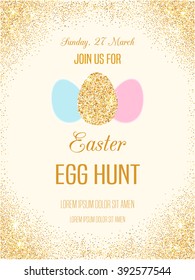 Easter Egg Hunt Invitation Flyer With Golden Glitter. Vector Sparkling Easter Card. Eggs Shiny Poster. 