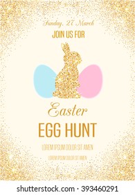 Easter egg hunt invitation flyer with golden glitter bunny. Vector sparkling holiday card. Shiny poster, banner template.