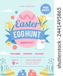Easter egg hunt invitation poster vector illustration. Colorful Easter eggs and spring flowers