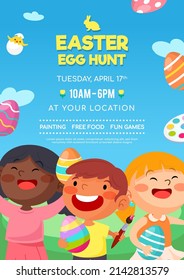 Easter egg hunt invitation poster vector design. Kids painting Easter eggs activity