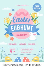 Easter egg hunt invitation poster vector illustration. Colorful Easter eggs and spring flowers