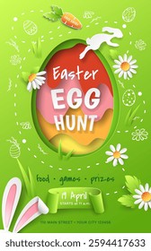 Easter egg hunt invitation poster with paper cut-out chamomiles, hopping bunny, rabbit ears, carrot, ribbon, and egg from coloured paper. Vector cute green background with drawings for festive flyers.