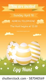 Easter Egg Hunt Invitation Poster. Design with easter eggs. Eggs with golden stripes and stars on grass with decorative flowers.  Vector Illustration.