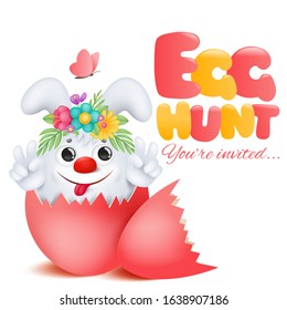 Easter Egg Hunt Invitation Template Card. White Cartoon Bunny Character With Flower Garland Inside Broken Egg. Vector Illustration