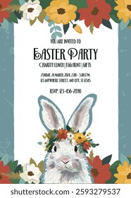 Easter egg hunt invitation template. A rabbit wearing floral wreath surrounded with bold wild flowers. Flyer for charity lunch, egg hunt, and gift sale.