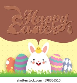 Easter egg hunt invitation template design. Cute cartoon rabbit,baby chick with colorful easter eggs on meadow and chocolate speech bubble with text.