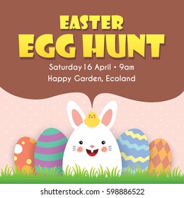 Easter egg hunt invitation template design. Cute cartoon rabbit with baby chick and colorful easter eggs on meadow.