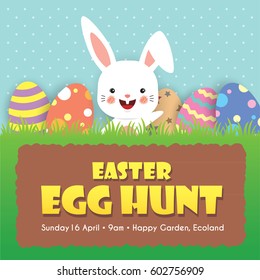 Easter egg hunt invitation template design. Cute cartoon rabbit and colorful easter eggs on meadow.