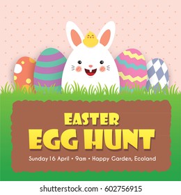 Easter egg hunt invitation template design. Cute cartoon rabbit with baby chick and colorful easter eggs on meadow.