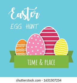 Easter egg hunt invitation. Vector flat illustration of colorful eggs and ribbon. Elements isolated on a blue background,