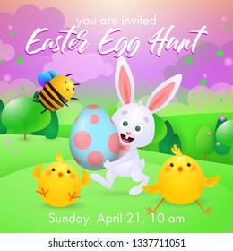 Easter Egg Hunt lettering with chicks, bunny and bee. Easter party invitation. Handwritten text, calligraphy. For leaflets, brochures, invitations, posters or banners.