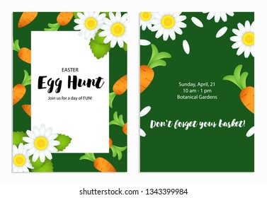 Easter Egg Hunt lettering in frame with carrots and flowers. Easter invitation. Handwritten and typed text, calligraphy. For leaflets, brochures, invitations, posters or banners.