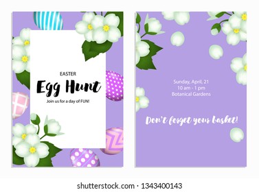 Easter Egg Hunt lettering in frame, flowers and eggs. Easter invitation. Handwritten and typed text, calligraphy. For leaflets, brochures, invitations, posters or banners.