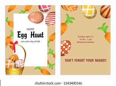 Easter Egg Hunt lettering in frame, eggs and flowers. Easter invitation. Handwritten and typed text, calligraphy. For leaflets, brochures, invitations, posters or banners.