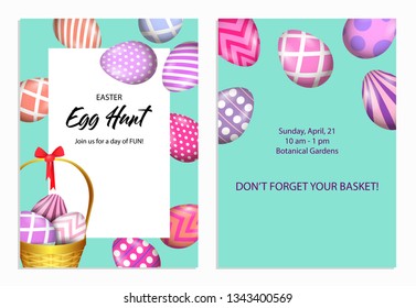 Easter Egg Hunt lettering in frame with decorated eggs. Easter invitation. Handwritten and typed text, calligraphy. For leaflets, brochures, invitations, posters or banners.