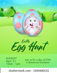 Easter Egg Hunt lettering with rabbit inside egg in meadow. Easter invitation. Handwritten text, calligraphy. For leaflets, brochures, invitations, posters or banners.